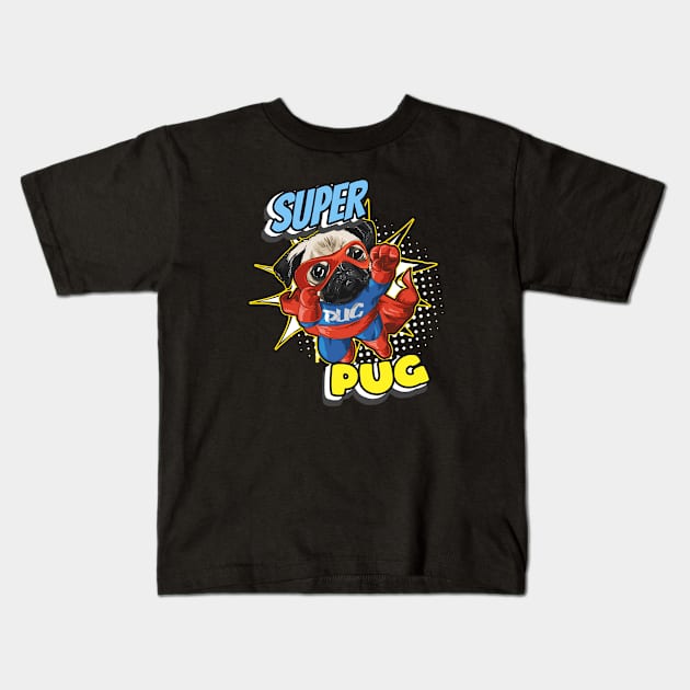 Super Pug funny Superhero Comic Dog Kids T-Shirt by Foxxy Merch